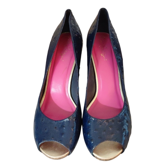 Lilly Pulitzer Wedges Blue Ostrich Embossed Leather Wedge Size 8.5 M - Picture 2 of 11